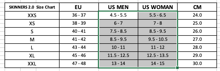 Skinners Sizing Chart